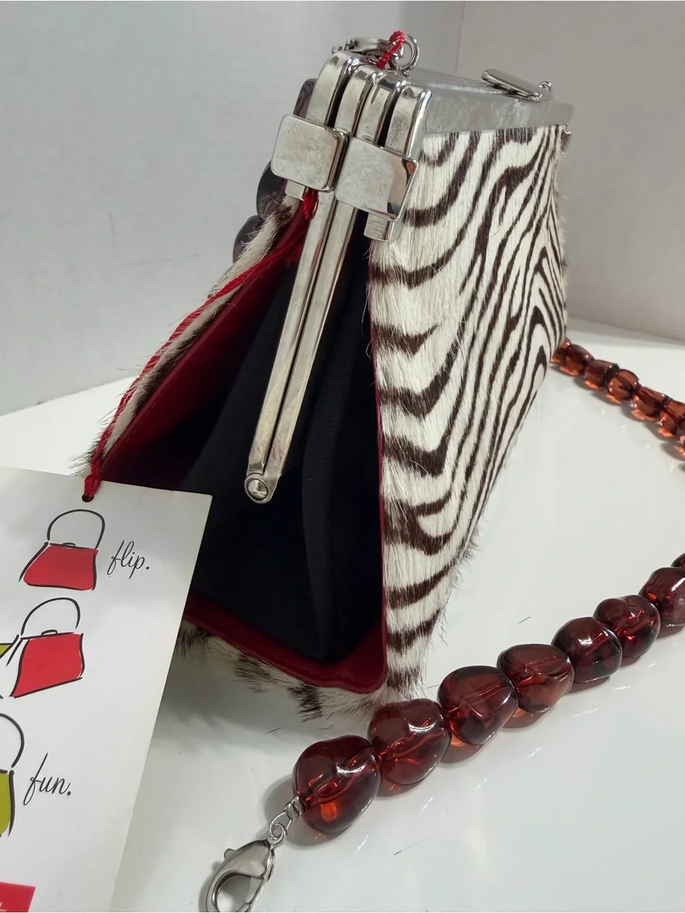 Tallula Tate Red/Zebra Structured Bead-Handle Shoulder Bag